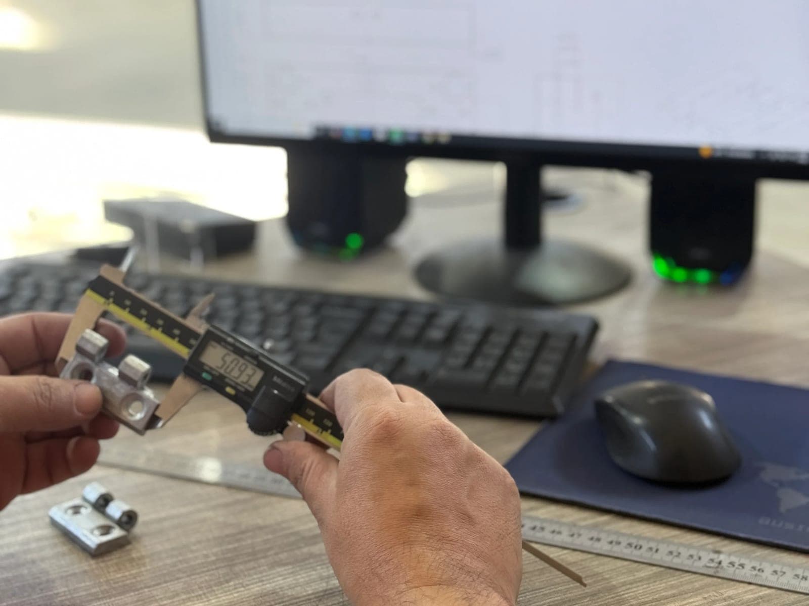 Peça em zamac conferida com paquímetro digital contra o desenho técnico, no controle de qualidade da Mandipress